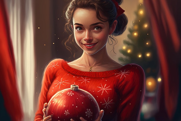 Het aanbieden van een kerstbal is een vrolijke vrouw die een knusse rode trui draagt