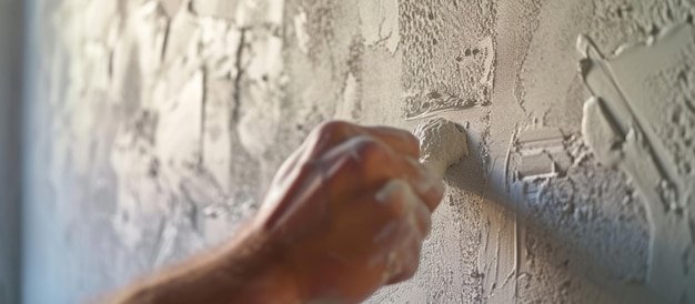 Foto het aanbrengen van gestructureerd gips op de muur een handson gipsmaker op het werk