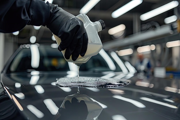 Foto het aanbrengen van keramische vloeistof voor de bescherming van de auto met een spons