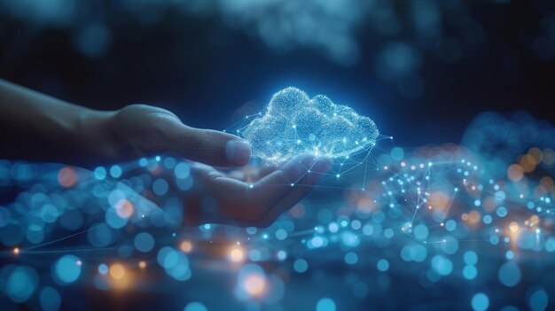 Het aanraken van een cloud computer verbinding met een grote database big data via het internet en het delen van het downloaden en uploaden van big data via cloud computing technologie