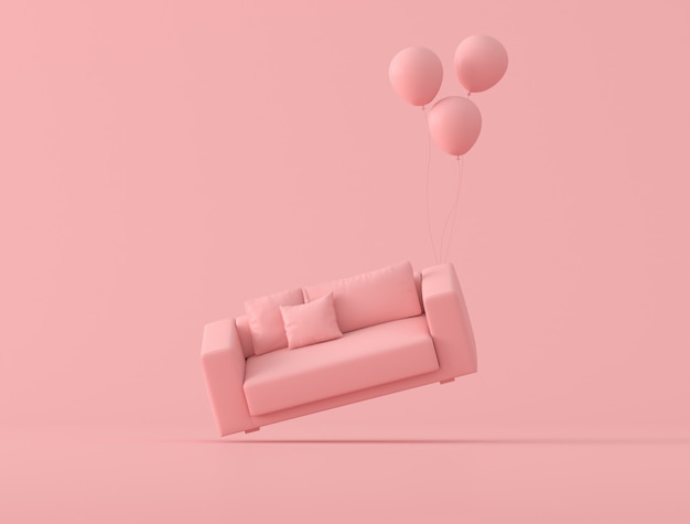 Het abstracte conceptuele idee van roze bank drijft omhoog door ballons op roze achtergrond, minimale stijl. 3D-weergave