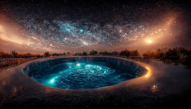 Het abstracte landschap van de nachtfantasie met een sterrige hemel een natuurlijke pool van water een meer waarin de melkweg de melkachtige manier de planeten van de heelalsterren worden weerspiegeld 3D illustratie