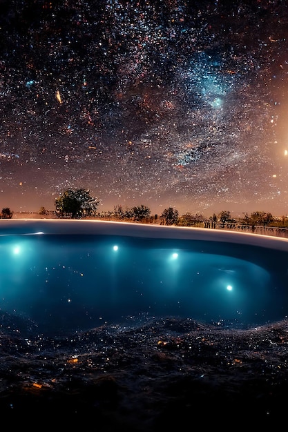Het abstracte landschap van de nachtfantasie met een sterrige hemel een natuurlijke pool van water een meer waarin de melkweg de melkachtige manier de planeten van de heelalsterren worden weerspiegeld 3D illustratie