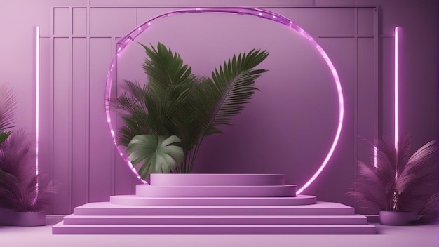 Het abstracte licht violette podium met frame en palmblad 3d achtergrond geeft terug