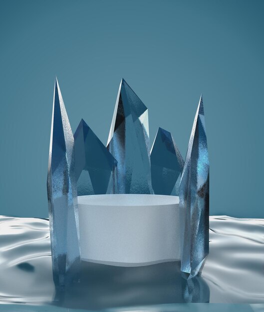 Het abstracte podium van de productvertoning in de zee met kristaldecoratie 3d render