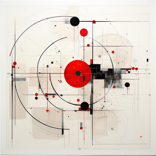 Het abstracte schilderij heeft rode en zwarte cirkels, lijnen vormen Generative AI