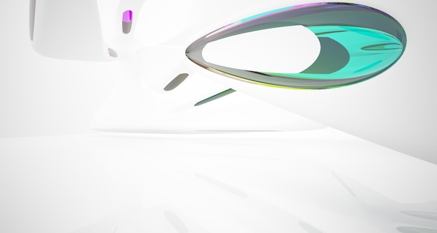 Het abstracte witte en gekleurde interieur van de gradiëntbril met venster 3D illustratie en weergave