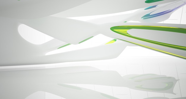 Het abstracte witte en gekleurde interieur van de gradiëntbril met venster 3D illustratie en weergave