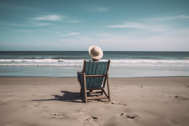 Het achteraanzicht van een persoon zittend op een strandstoel en kijkend naar de oceaan die ontspanning vertegenwoordigt