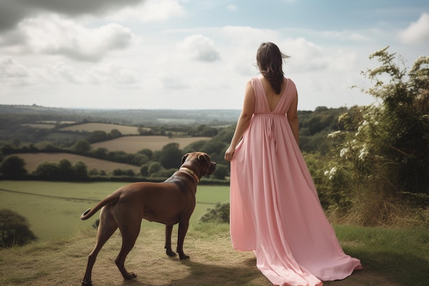 Het achteraanzicht van een vrouw in een roze jurk en haar hond die naar buiten kijkt