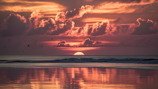 Het adembenemende landschap van de prachtige zonsondergang en de kleurrijke bewolkte lucht die in de zee wordt weerspiegeld