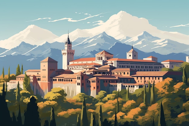 Het Alhambra-paleis in Granada Minimalistische schoonheid met de achtergrond van de Sierra Nevada