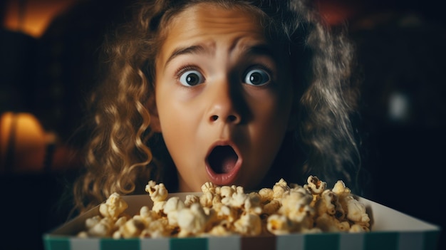 Het angstige gezicht van een meisje dat een horrorfilm kijkt met popcorn in haar hand.