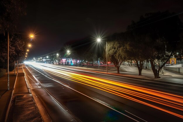 Het autolicht loopt 's nachts over de weg in de stad Generatieve AI