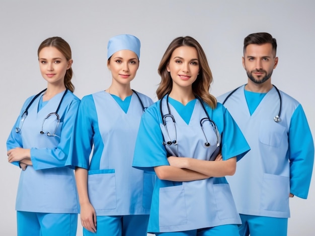 Het Aziatische artsenteam draagt een doktersuniform in blauwe kleur