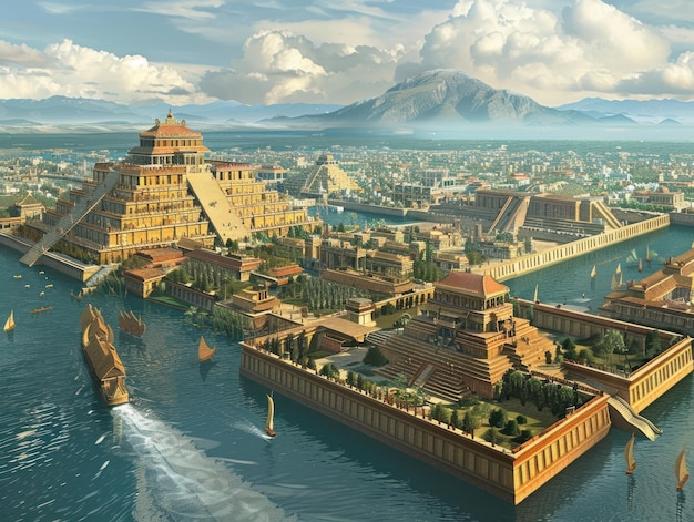 Het Azteekse Rijk Tenochtitlan in zijn volle glorie kanalen en tempels die een geavanceerde cultuur weerspiegelen
