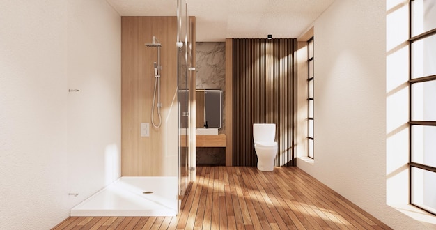 Het bad en toilet op de badkamer Japanse wabi sabi-stijl 3D-rendering