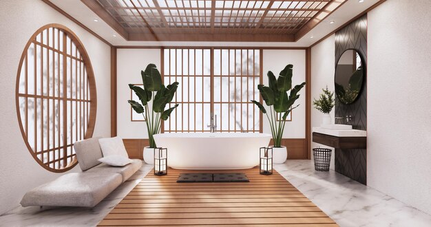 Het bad op lege kamer interieur Japanse stijl. 3D-rendering