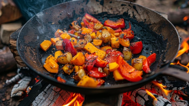 Het bakken van groenten in een speciale pan voor het vuur Vlamgeroosterde groentenmengsel