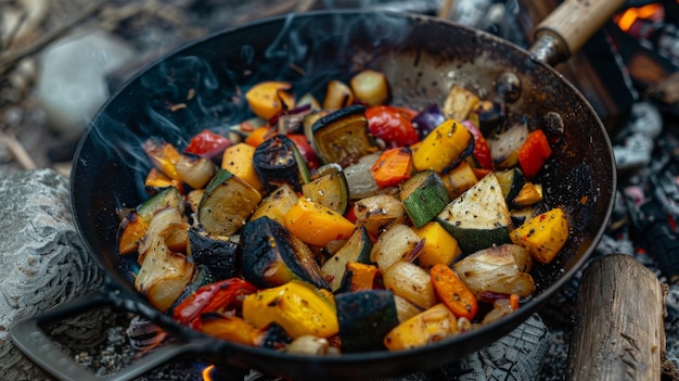 Het bakken van groenten in een speciale pan voor het vuur Vlamgeroosterde groentenmengsel