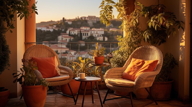 Het balkon straalt een mediterrane sfeer uit met zijn terracotta potten en vlechtmeubels