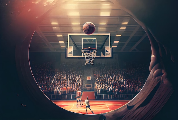 Het basketbal gaat de hoepel in om te scoren voordat de speeltijd voorbij is op het basketbalveld Sport- en atletenconcept Generatieve AI