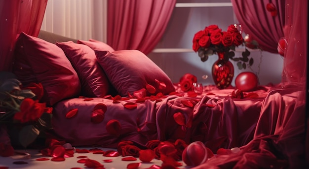 het bed is versierd met rode ballonnen en rode rozen