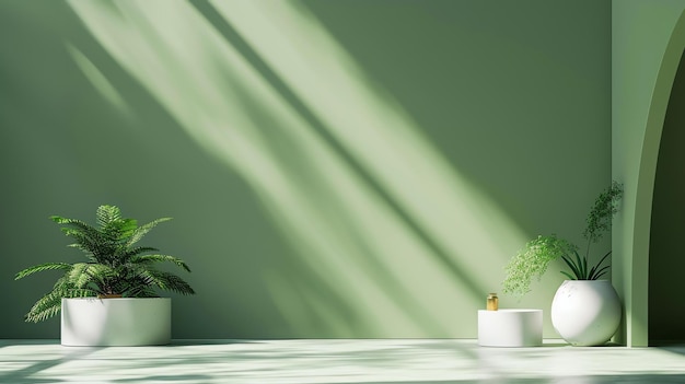 Het beeld is een 3D-weergave van een kamer met een groene muur een plant en een vaas op een podium de kamer wordt verlicht door een zacht licht van links