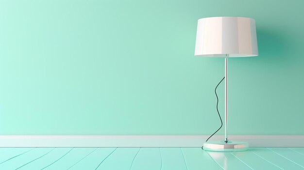 Het beeld is een 3D-weergave van een kamer met een vloerlamp. De kamer heeft drie muren, een vloer en een plafond.