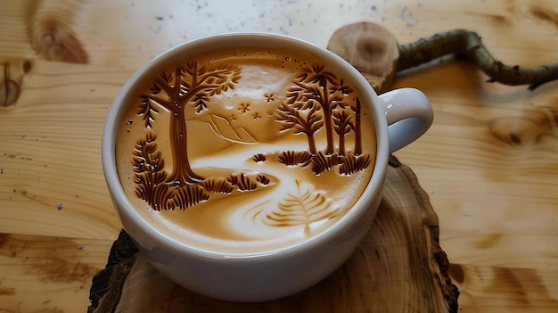 Het beeld is een close-up van een kop koffie met latte kunst van een bos met dennenbomen bergen en een rivier de kop zit op een houten tafel