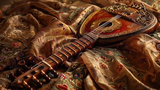 Het beeld is een close-up van een traditioneel Indisch snaarinstrument, de sitar. Het instrument is van hout en heeft een lange nek met een fretboard.