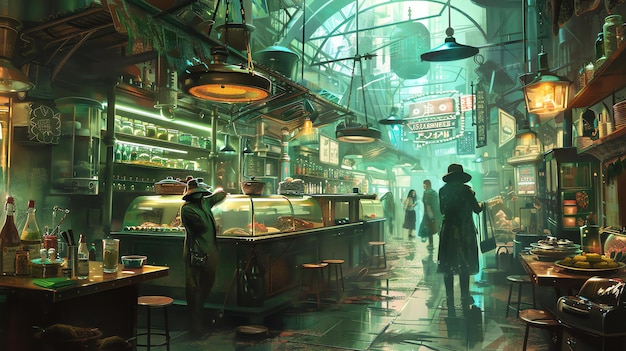 Foto het beeld is een concept art van een futuristisch restaurant