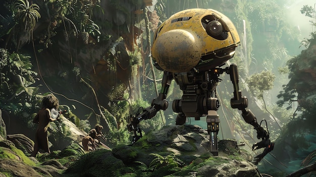 Foto het beeld is een concept art van een robot die een weelderige buitenaardse jungle verkent de robot is bolvormig met een geel lichaam en zwarte ledematen
