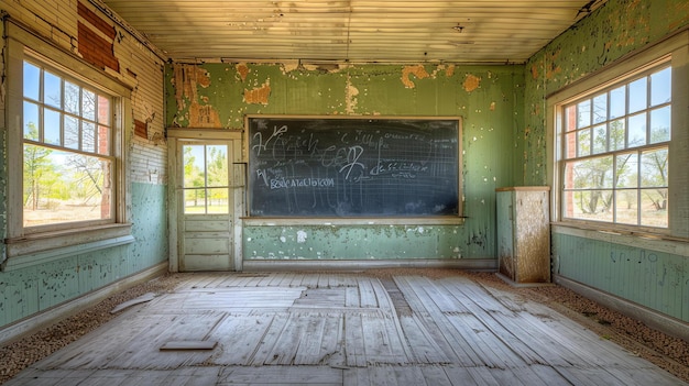 Het beeld is een interieur van een verlaten schoolgebouw. De kamer is in verval, de muren schillen en de vloerplanken rotten.