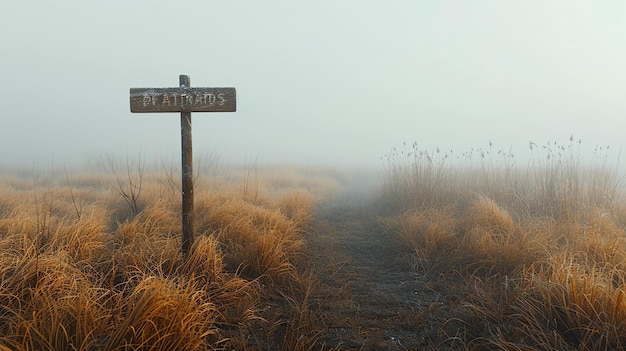 Het beeld is een landschapsfoto van een mistig veld Er is een houten bord op de linkerkant op de voorgrond met het woord PRAIRIE erin gebeeldhouwd