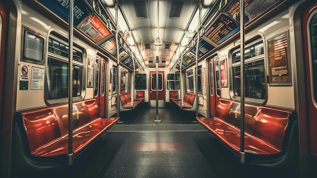 Het beeld is een lange smalle fel verlichte metro wagon de stoelen zijn rood en de vloer is grijs er zijn geen mensen in de wagen