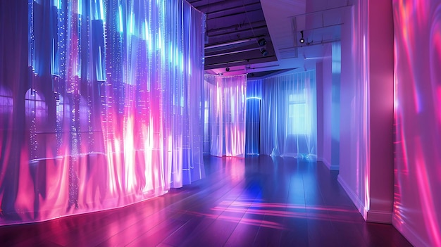 Het beeld is een lange smalle kamer met een hoog plafond de kamer wordt verlicht door een reeks van roze en blauwe lichten die worden gereflecteerd van de glanzende vloer