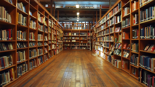 Het beeld is een lange smalle kamer met houten planken aan beide zijden de planken zijn gevuld met boeken