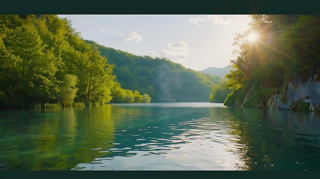 Het beeld is een prachtig landschap van een meer in de bergen het water is kristalhelder en weerspiegelt de weelderige groene bomen en blauwe lucht