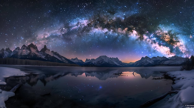 Het beeld is een prachtige landschapsfoto van een bergketen's nachts