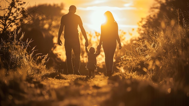 Foto het beeld is een silhouet van een gezin van drie personen die hand in hand naar de zonsondergang lopen