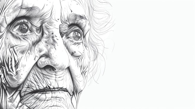 Foto het beeld is een zwart-wit portret van een oudere vrouw. de vrouw kijkt naar rechts van het frame.