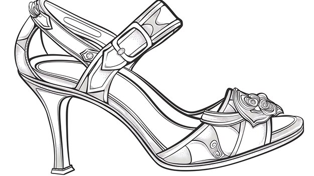 Foto het beeld is een zwart-witte tekening van een vrouwelijke schoen met hoge hakken. de schoen heeft een bloemenontwerp op de teen en een riem rond de enkel.