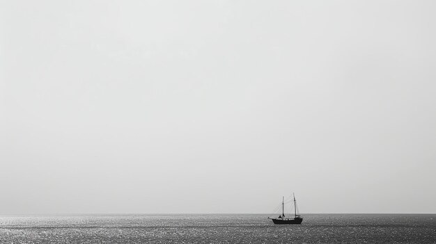 Foto het beeld is in zwart-wit een boot zeilt op een rustige zee de lucht is helder de boot is in het midden van het beeld