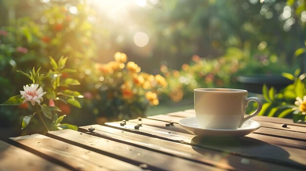 Het beeld is van een kop koffie op een houten tafel de achtergrond is een wazige tuin met bloemen en bomen de zon schijnt door de bomen