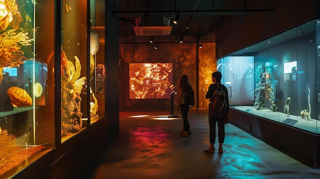 Het beeld is van een modern museum met een groot digitaal scherm en verschillende glazen behuizingen met verschillende tentoonstellingen