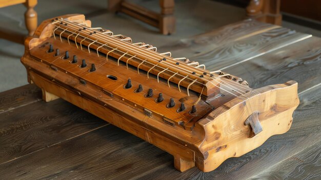 Het beeld is van een oud muziekinstrument dat een hurdygurdy wordt genoemd. Het is een snaarinstrument dat wordt gespeeld door een kruk te draaien.