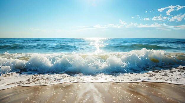 Het beeld is van een prachtig strand met wit zand en blauw water de zon schijnt en er zijn witte wolken in de lucht