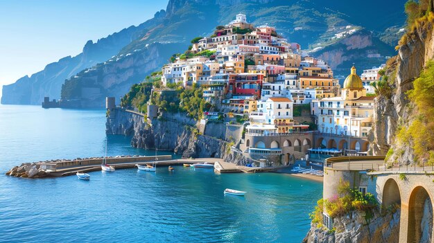 Het beeld is van een prachtige kuststad in Italië. De stad is gebouwd op een klif en kijkt uit over de Middellandse Zee.