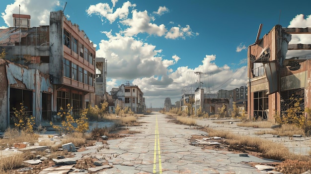 Het beeld toont de nasleep van een apocalyptische gebeurtenis de stad ligt in puin met gebouwen verwoest en de straten verlaten